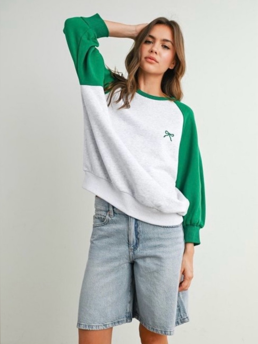 Women's Green and Heather Gray Raglan Pullover Sweatshirt